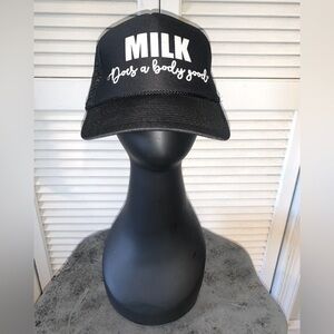 Trucker baseball hat milk does a body good Black and white snap back